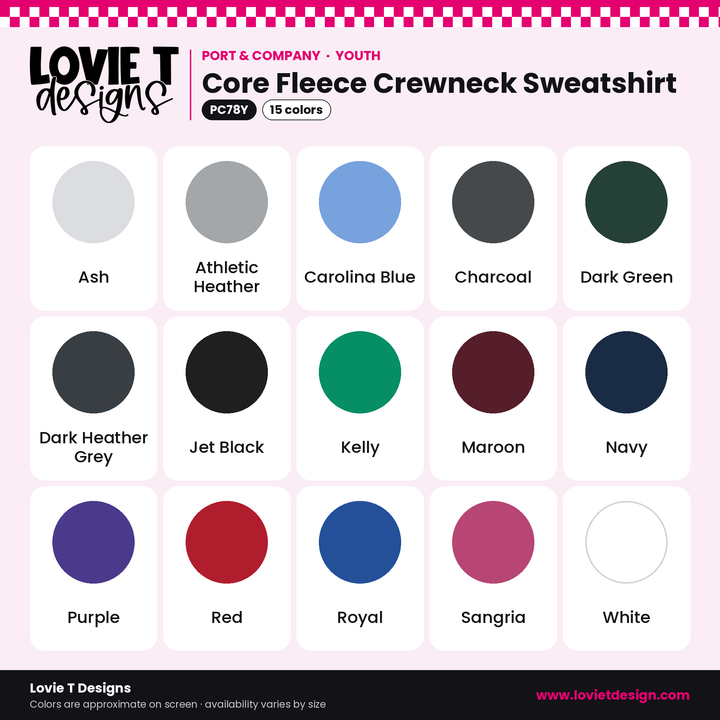 Port & Co PC78Y youth crewneck color chart – 15 colors
