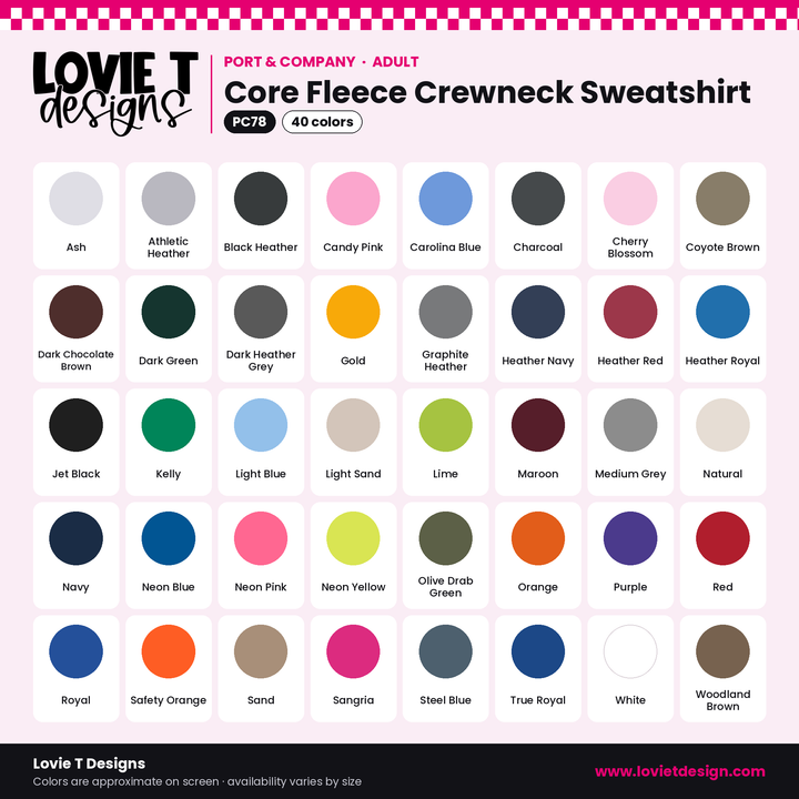 Port & Co PC78 adult crewneck color chart – 40 colors