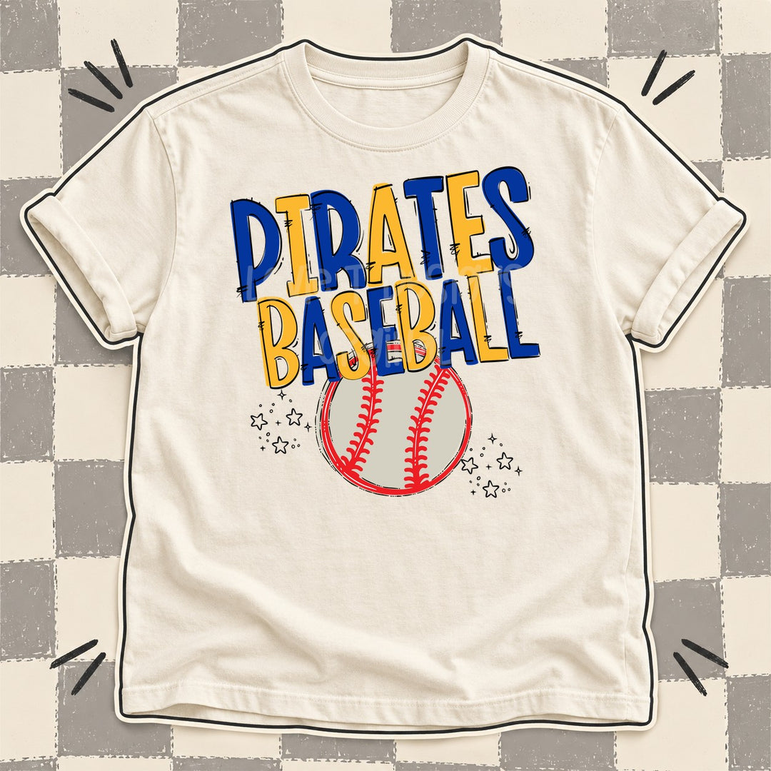 Pirates Royal Blue Yellow Gold Team Go Baseball Mascots DTF transfer mockup