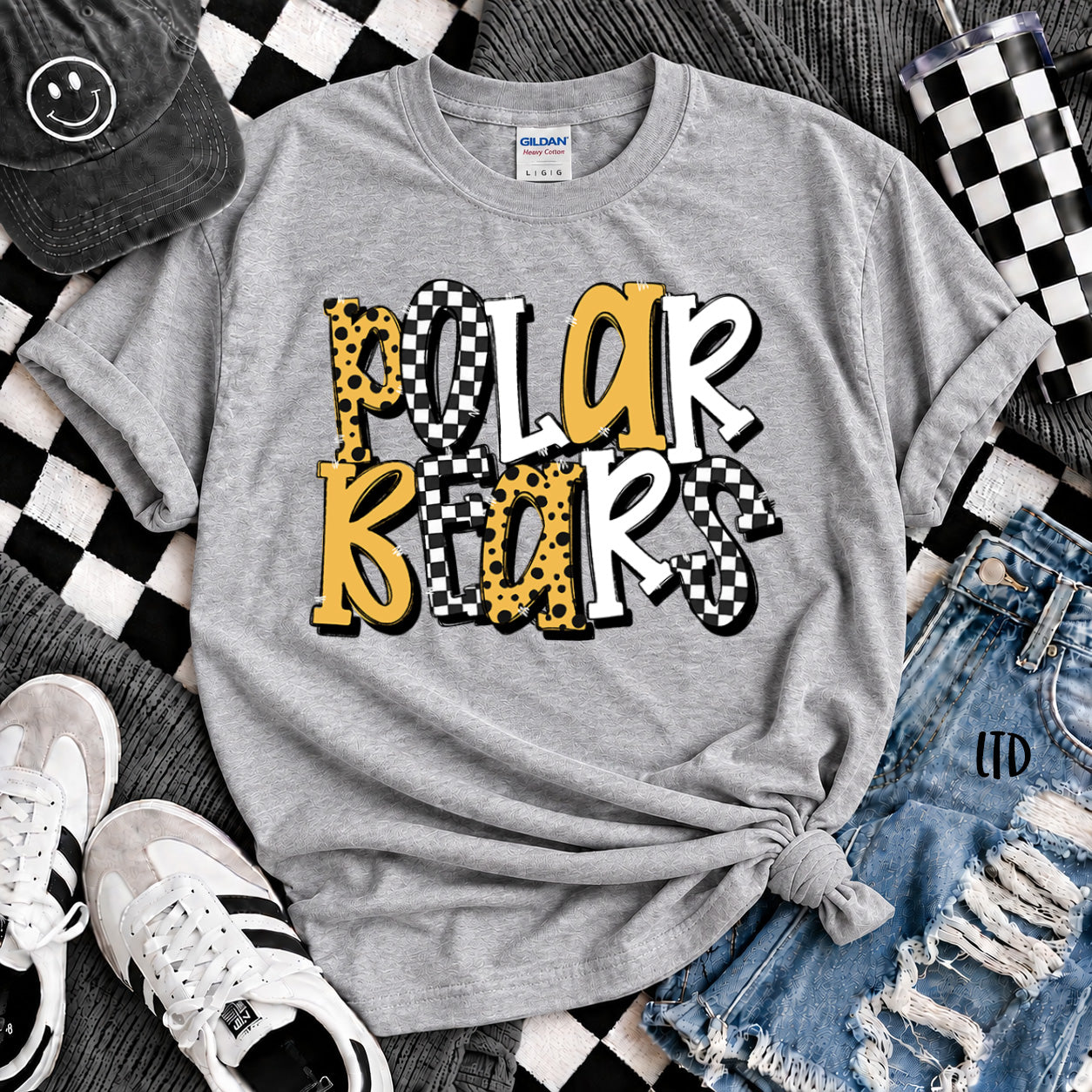 Dot Dot Check Mix Mascots Polar Bears Black Yellow Gold design