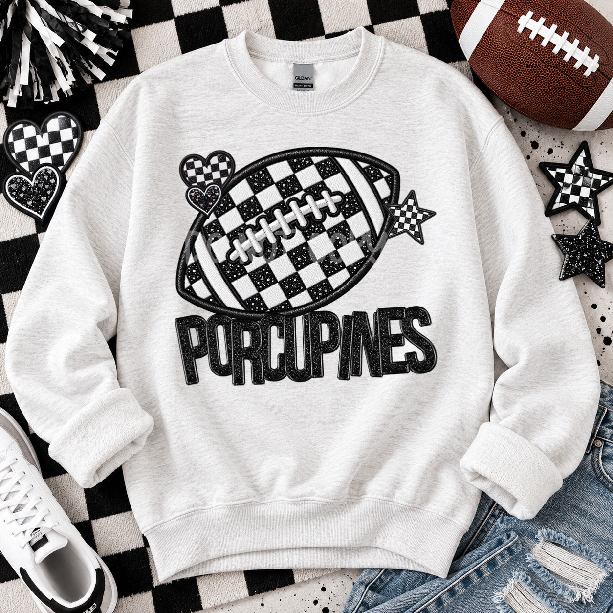 Checkered Football Faux Embroidery Mascots PORCUPINES design