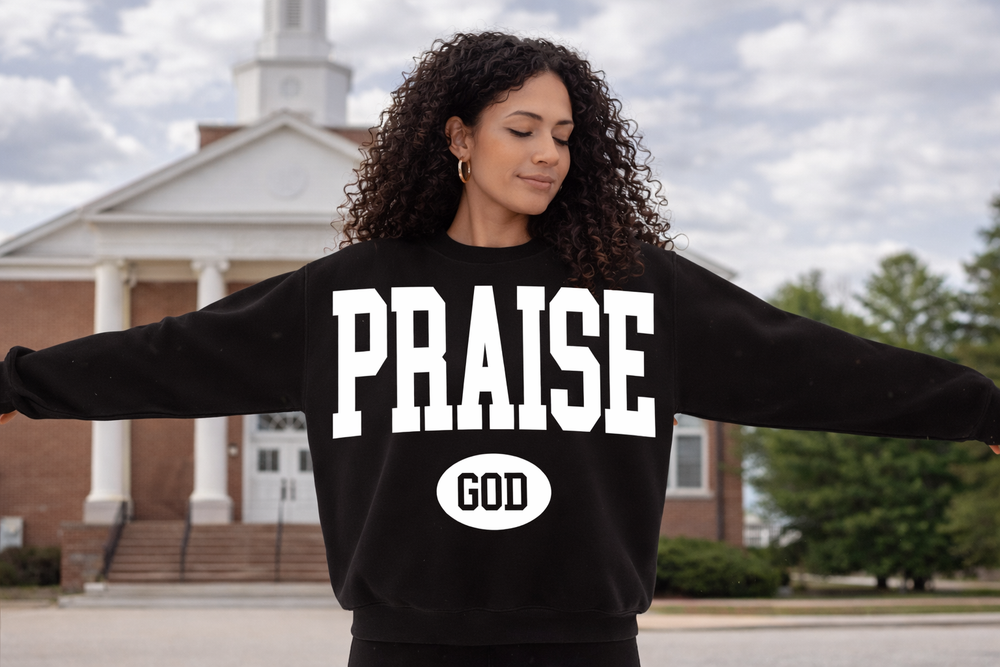 Praise God College Block White DTF transfer design
