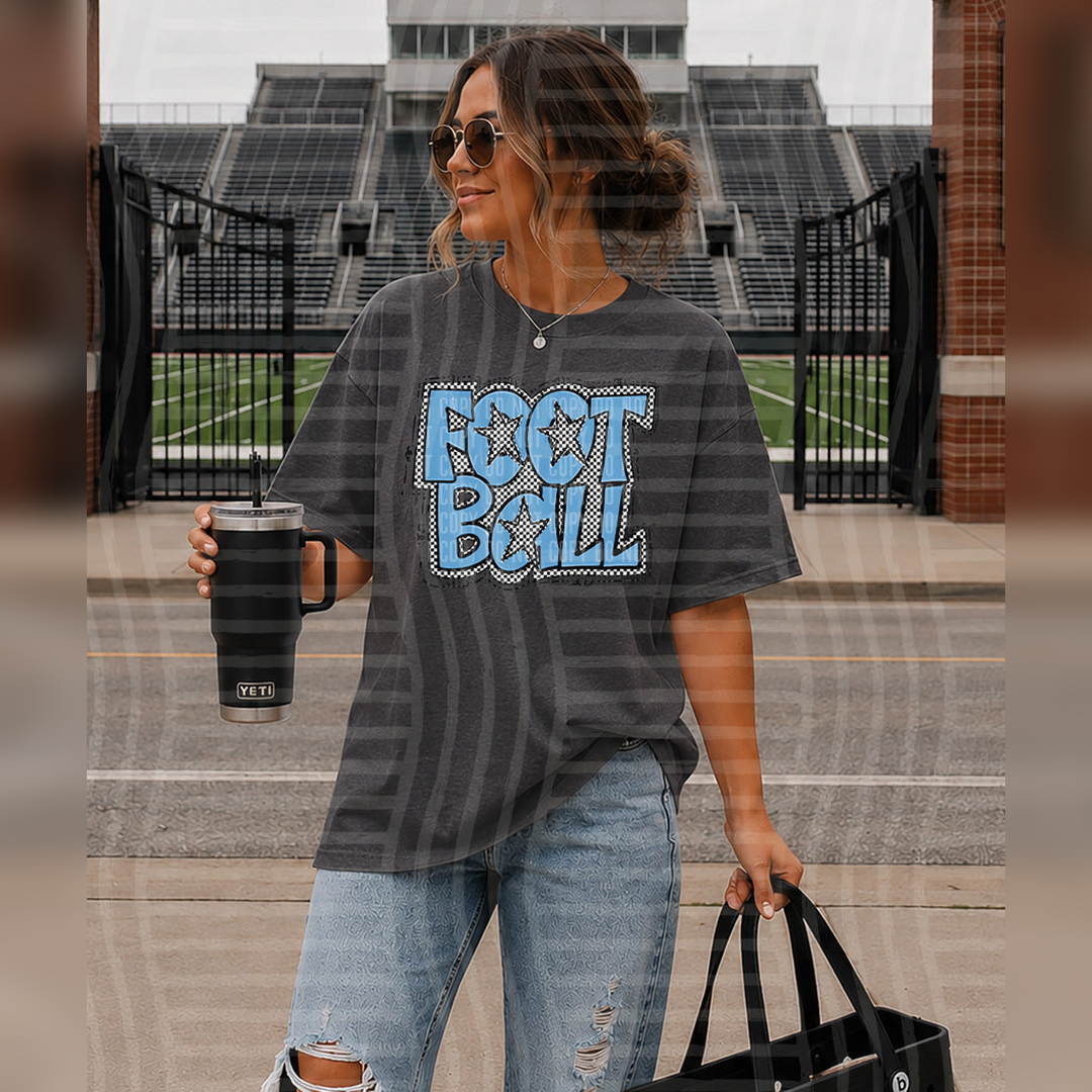Preppy Checker Football Lt Blue Stars – DTF Transfer