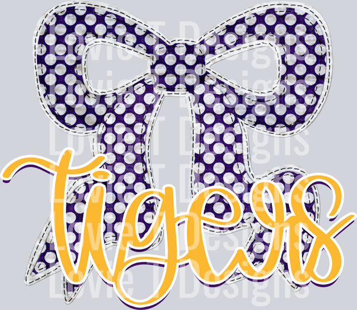 PURPLE DOT BOW TIGERS YELLOW GOLD PURPLE DROP SHADOW