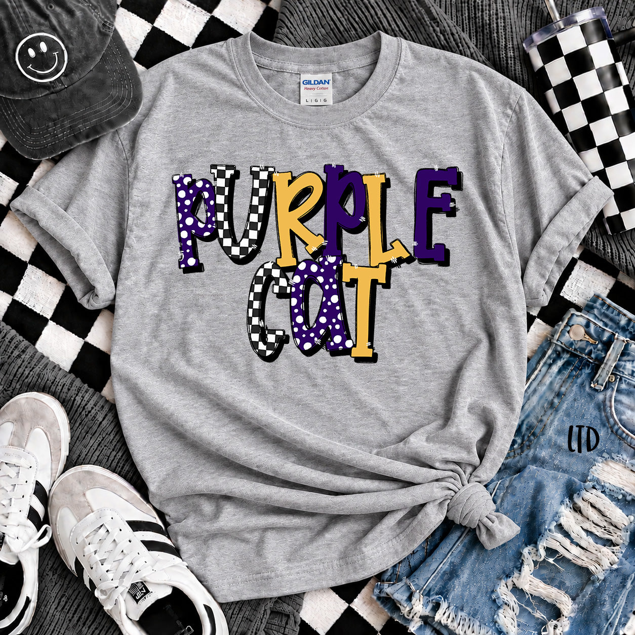 Dot Dot Check Mix Mascots Purple Cat Purple Yellow Gold design