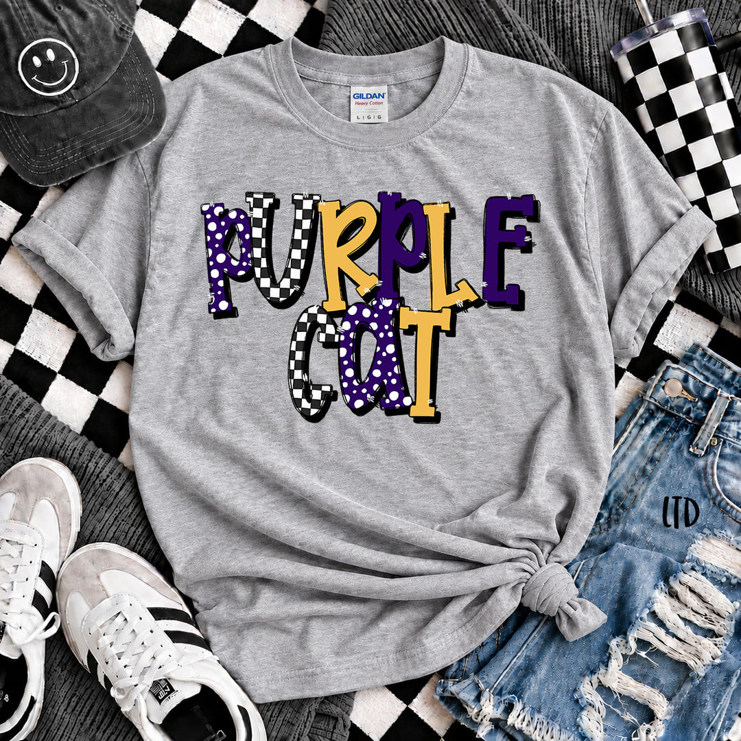 Purple Cat Purple Yellow Gold Dot Dot Check Mix Mascots DTF transfer mockup