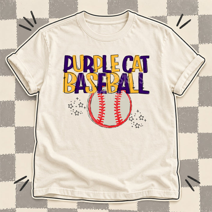 Purple Cat Purple Yellow Gold Team Go Baseball Mascots DTF transfer mockup
