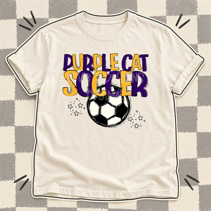 Purple Cat Purple Yellow Gold Team Go Soccer Mascots DTF transfer mockup