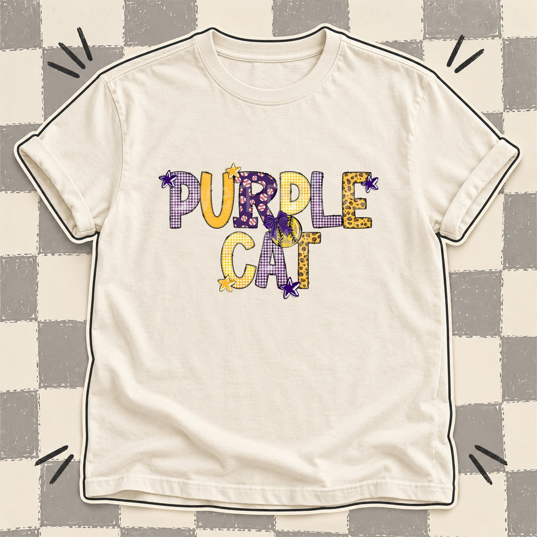 Purple Cat Purple Yellow Gold Mixed Doodle Softball Mascots – Mascot Colors DTF transfer mockup