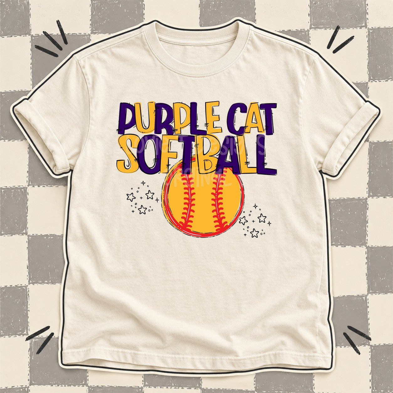 Team Go Softball Mascots Purple Cat Purple Yellow Gold design