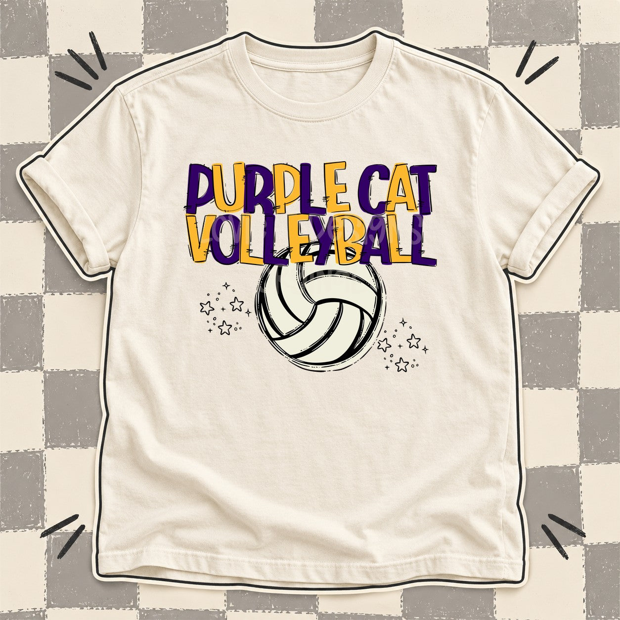 Team Go Volleyball Mascots Purple Cat Purple Yellow Gold design