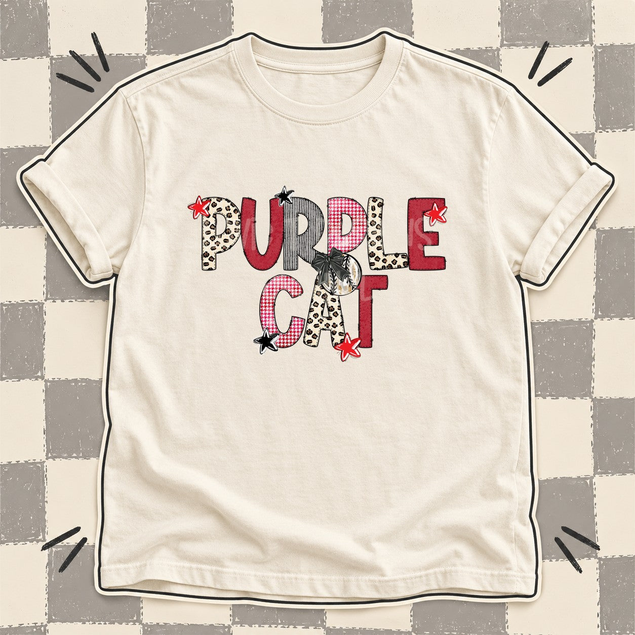 Mixed Doodle Baseball Mascots – Stitched Ballpark Purple Cat design