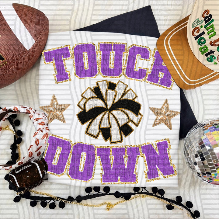 Purple Touchdown Faux Chenille Cheer DTF transfer