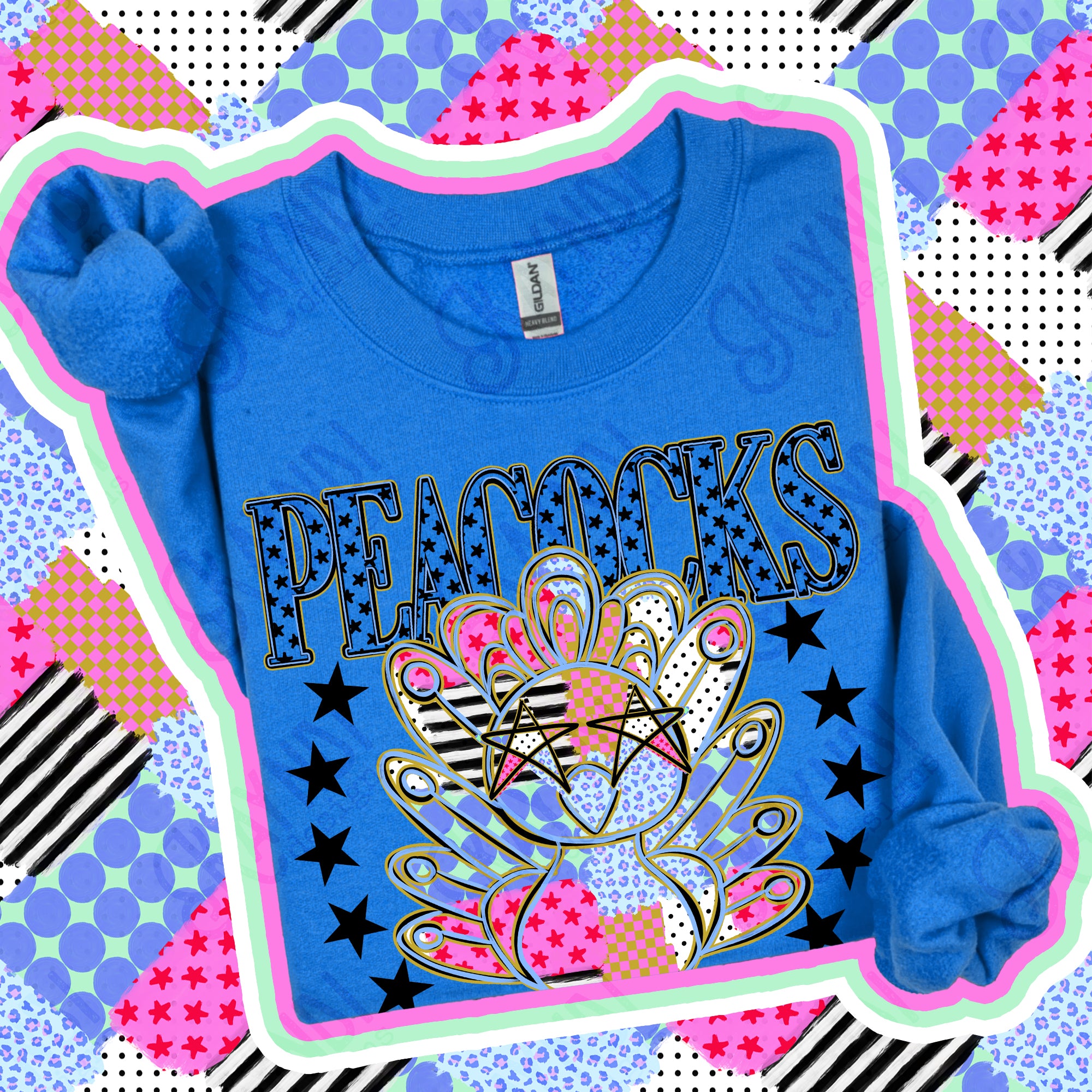 Patchwork Varsity Stars Mascots Peacocks design
