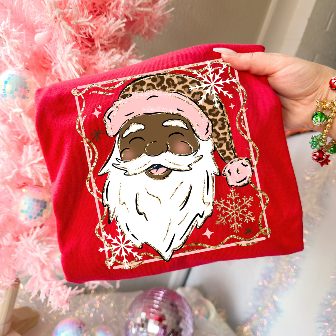 Pink & Leopard Santa (Dark Skin Tone) DTF transfer – mockup