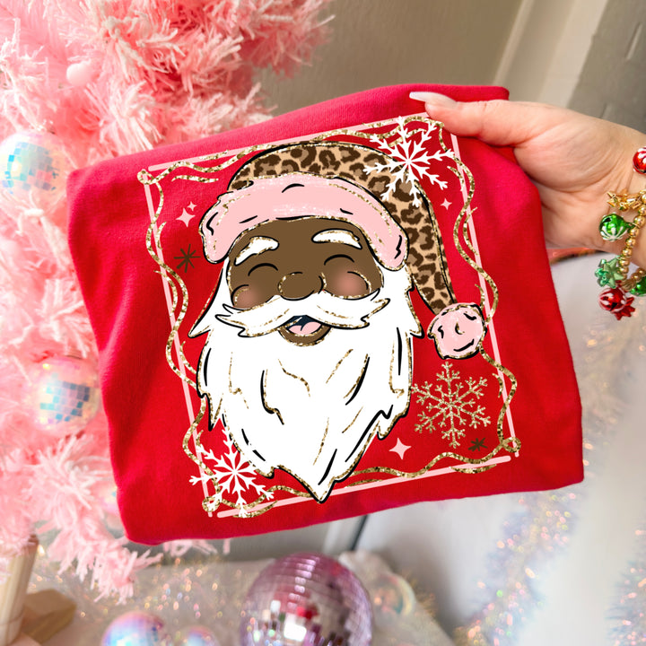 Pink & Leopard Santa (Dark Skin Tone) DTF transfer – mockup