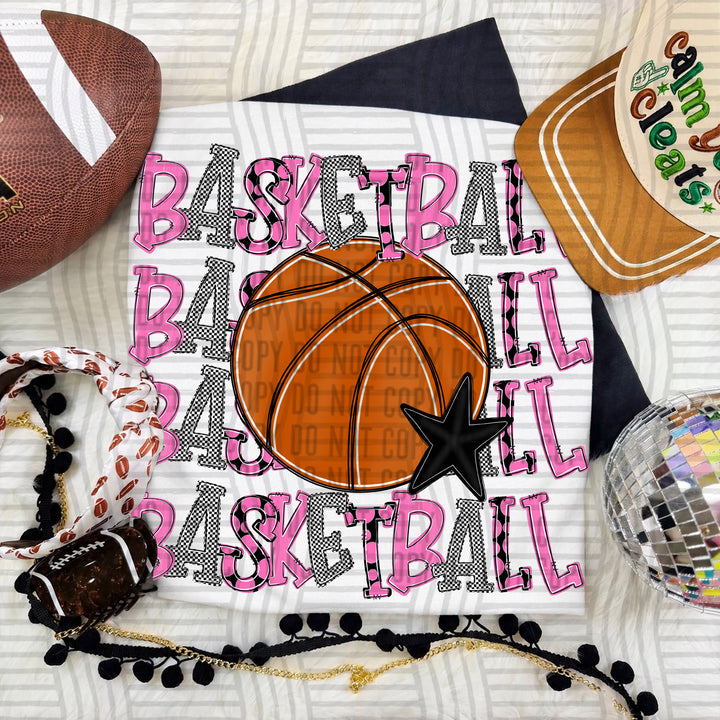 Pink Quad Stacked Basketball DTF transfer on a white tee