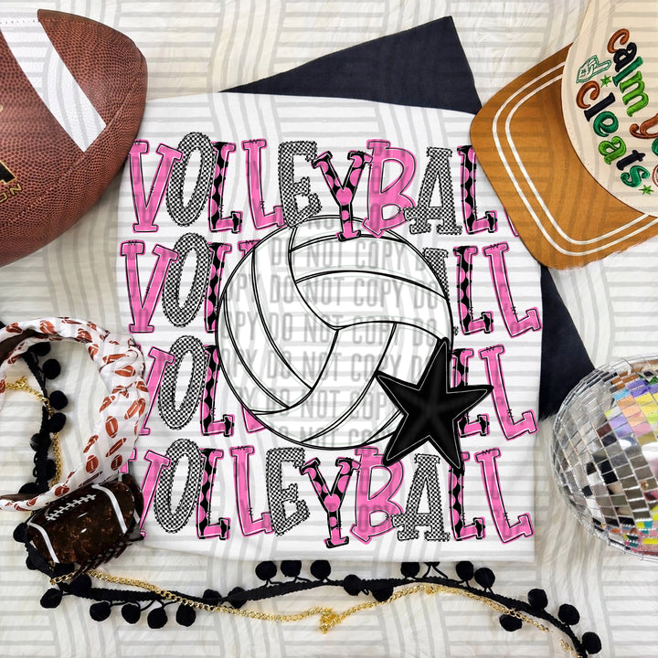 Pink Quad Stacked Volleyball DTF transfer on a white tee