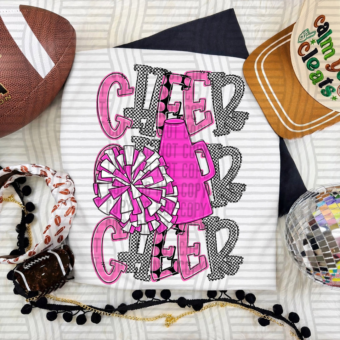 Pink Tri Stacked Cheer DTF transfer on a white tee