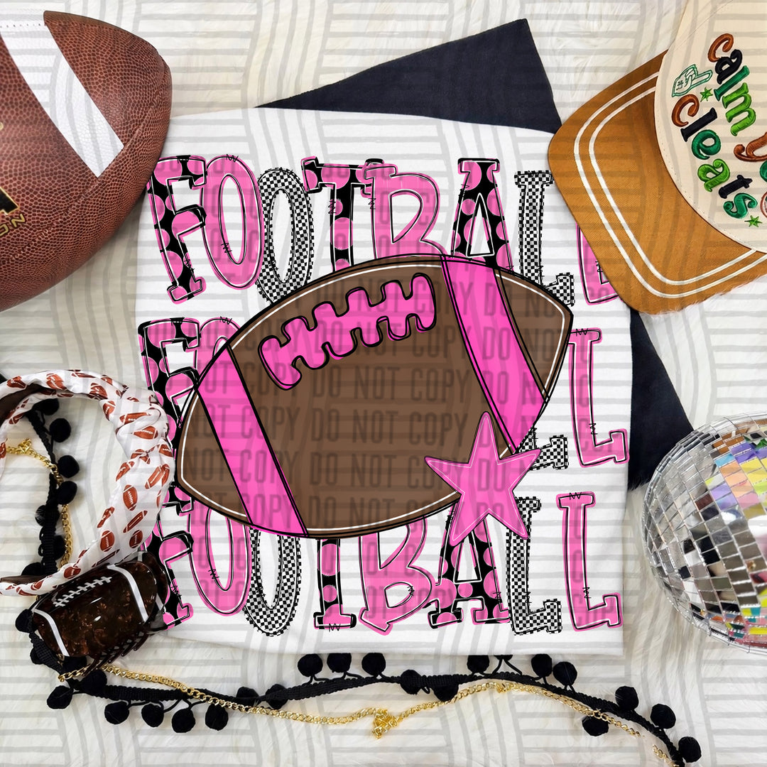 Pink Tri Stacked Football DTF transfer on a white tee