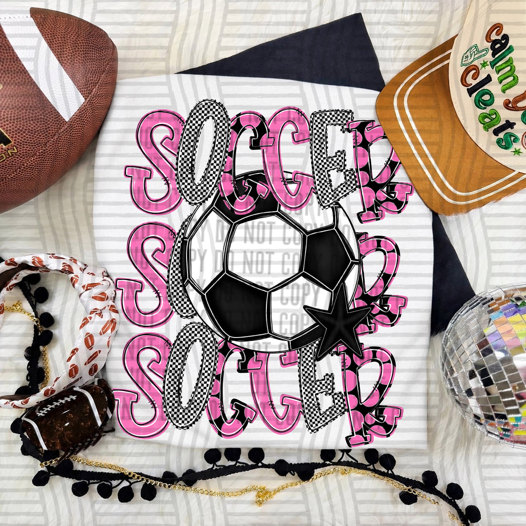 Pink Tri Stacked Soccer DTF transfer on a white tee