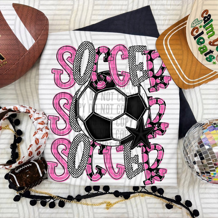 Pink Tri Stacked Soccer DTF transfer on a white tee