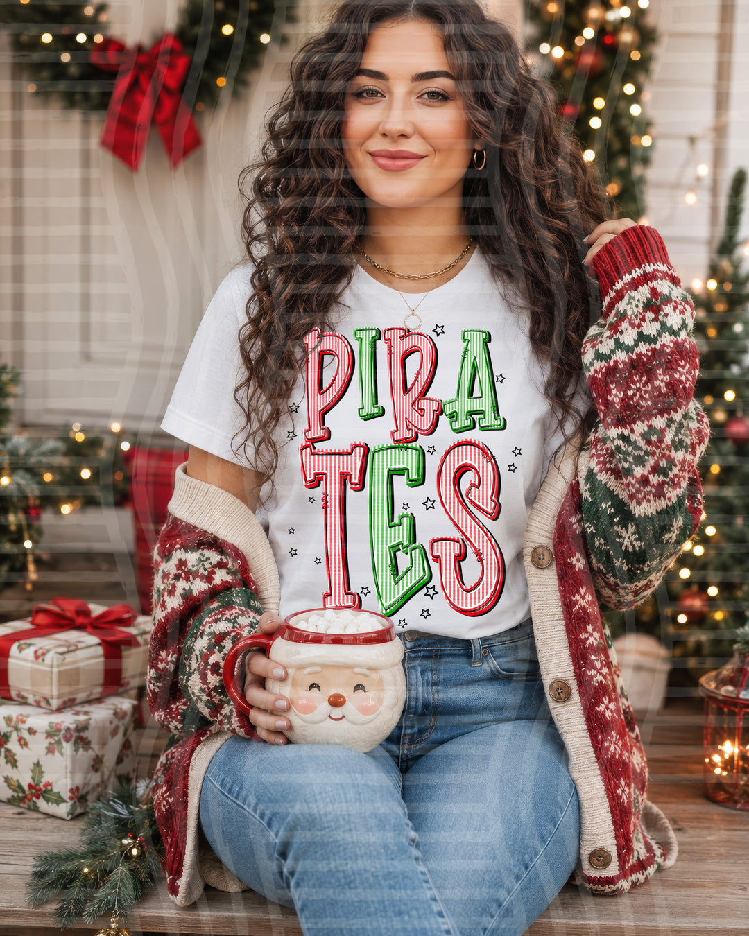 Pirates Red and Green Christmas Seersucker Mascots DTF transfer