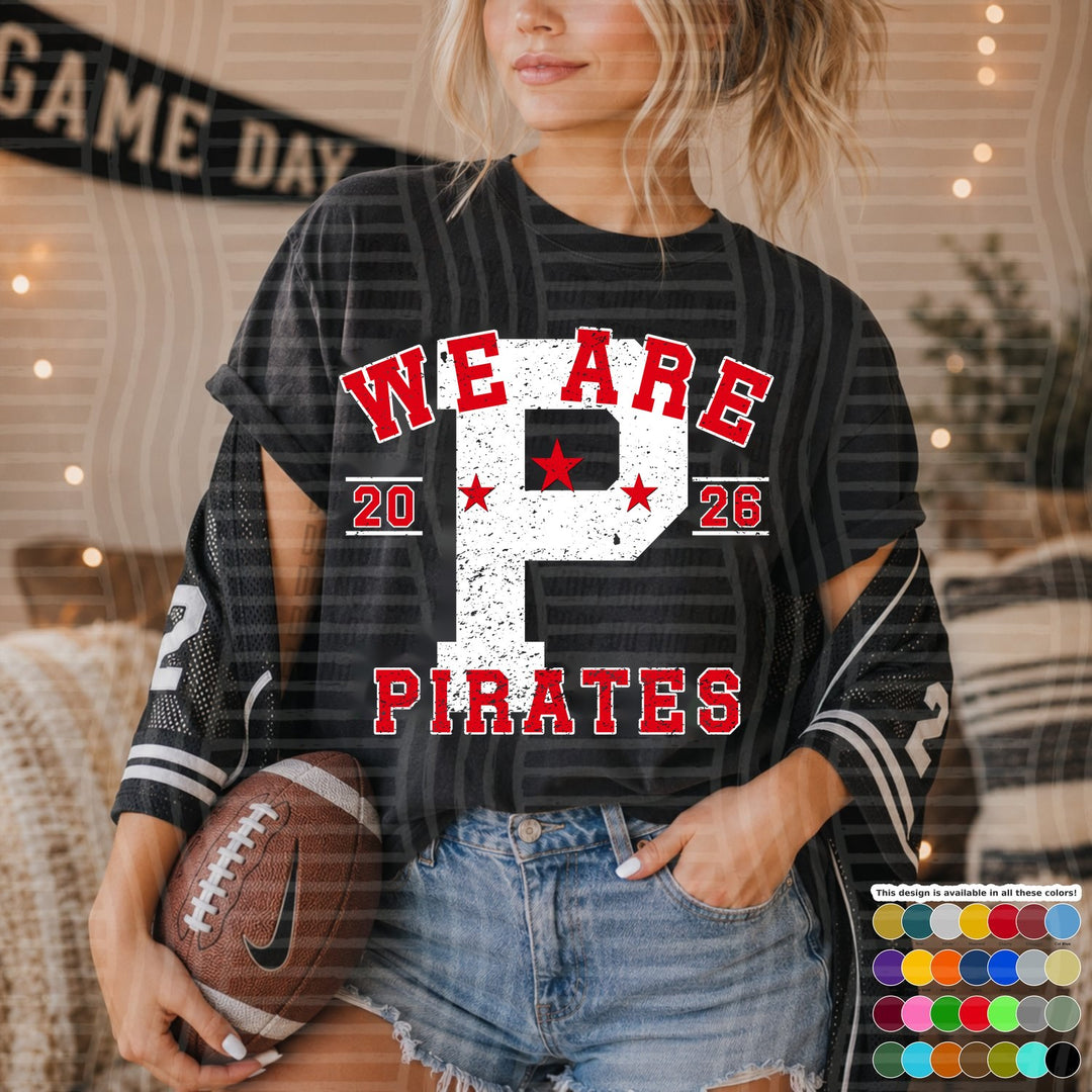 Pirates Red Varsity Initials White Outline DTF transfer mockup
