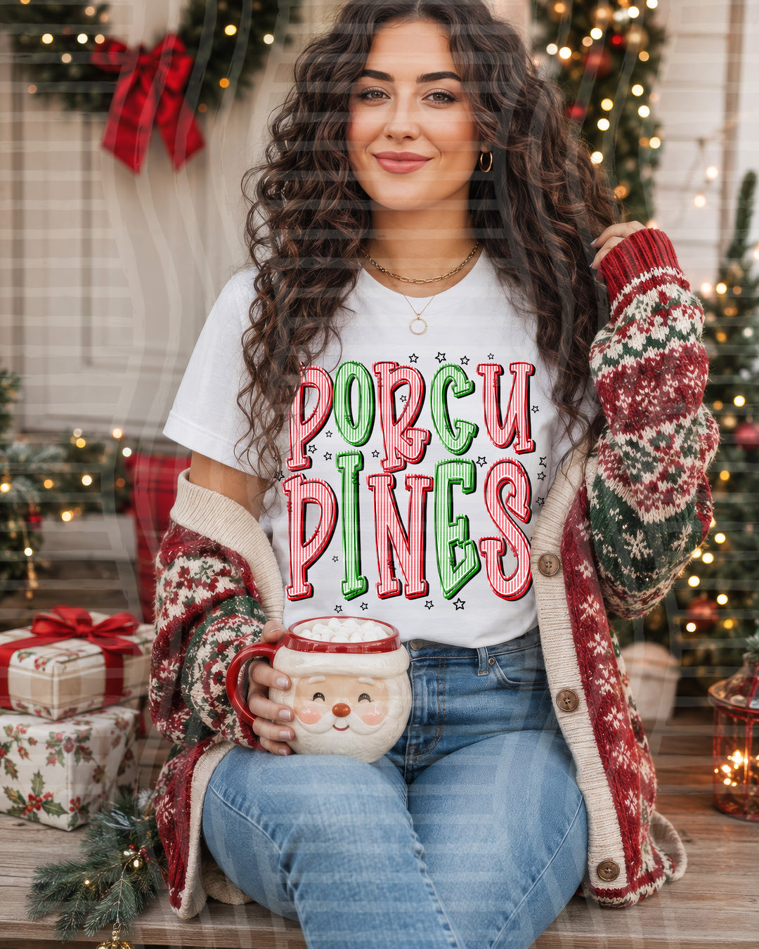 Porcupines Red and Green Christmas Seersucker Mascots DTF transfer