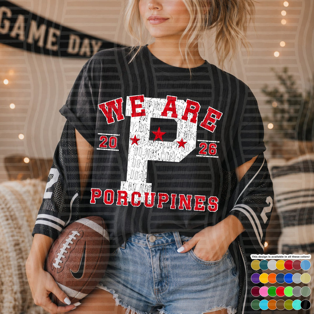 Porcupines Varsity Initials White Outline Mascots DTF transfer