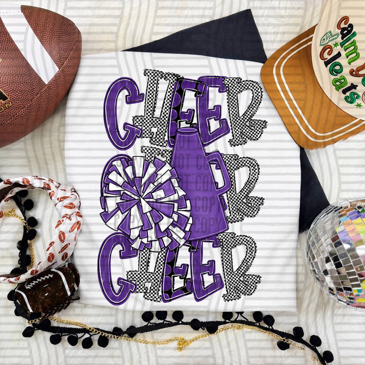 Purple Tri Stacked Cheer DTF transfer on a white tee