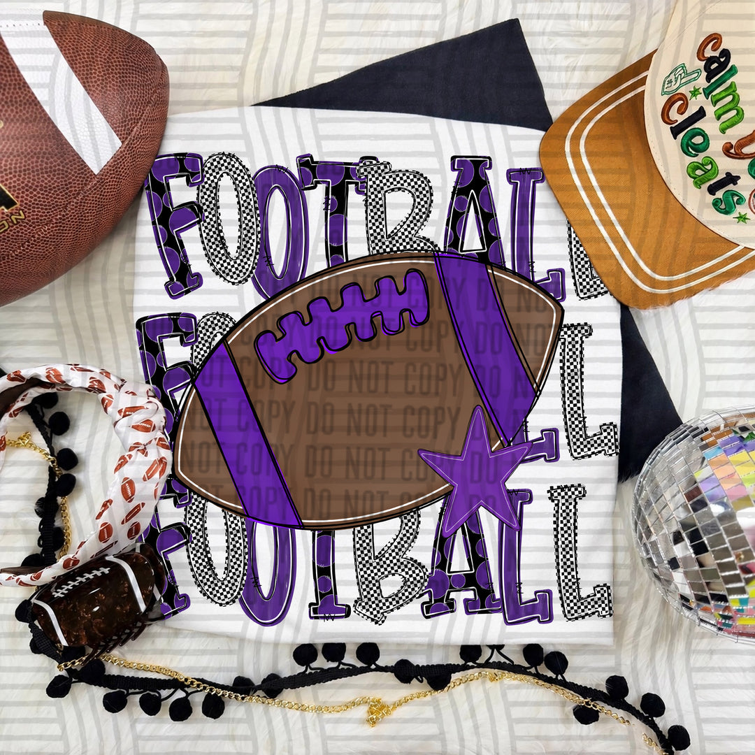 Purple Tri Stacked Football DTF transfer on a white tee