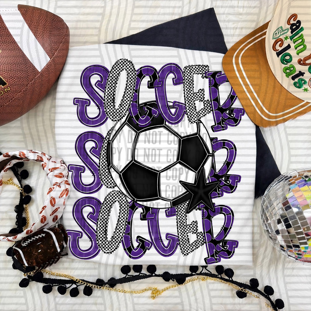 Purple Tri Stacked Soccer DTF transfer on a white tee