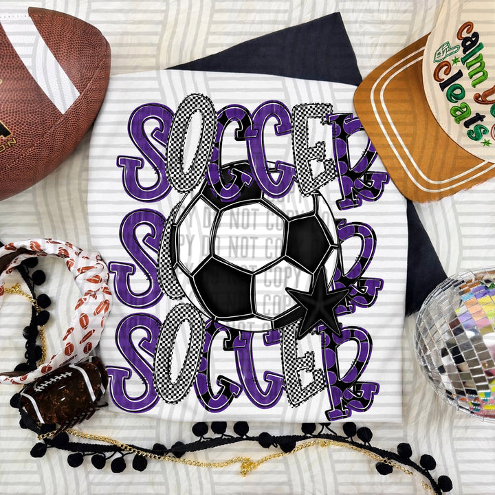 Purple Tri Stacked Soccer DTF transfer on a white tee