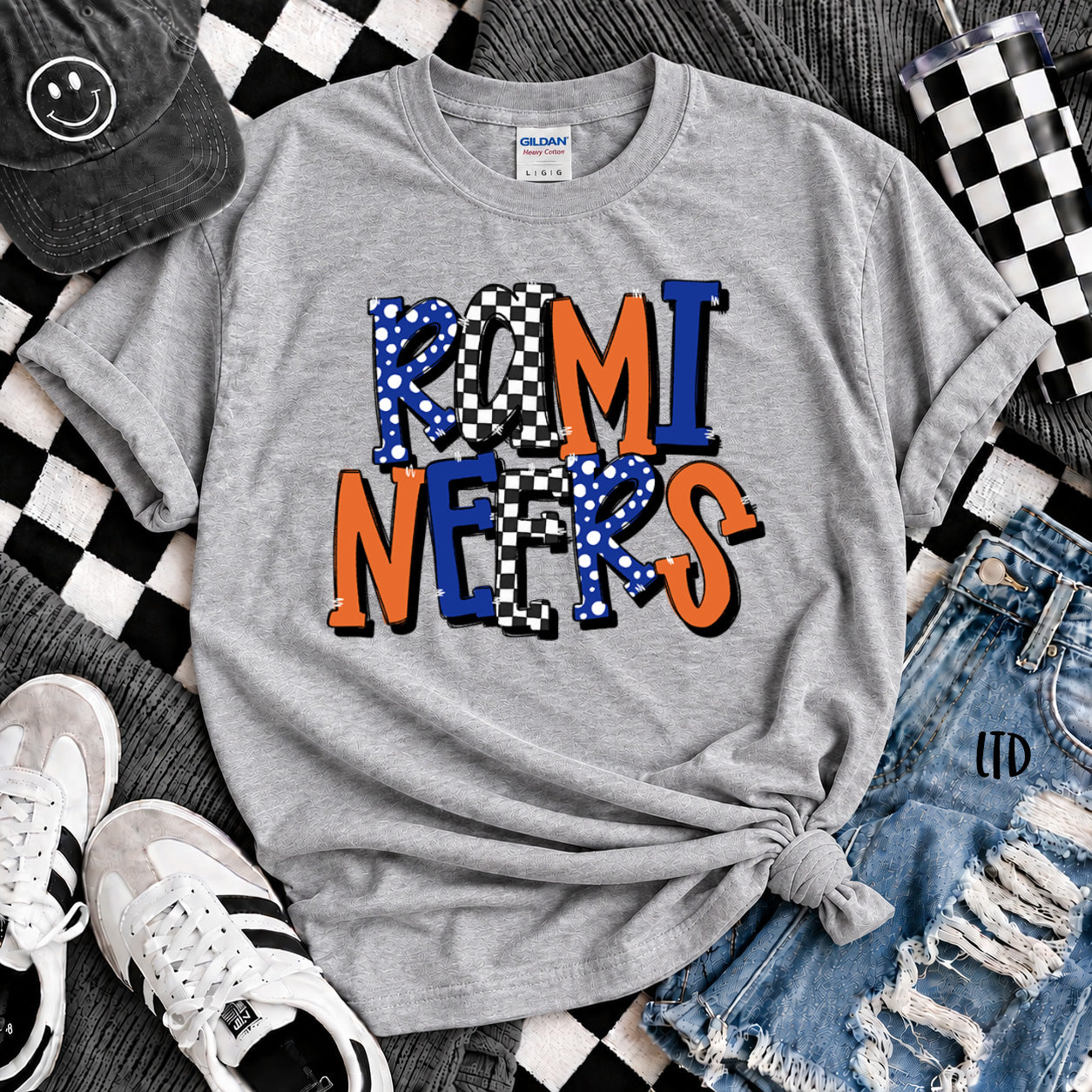 Dot Dot Check Mix Mascots Ramineers Royal Blue Orange Gray design