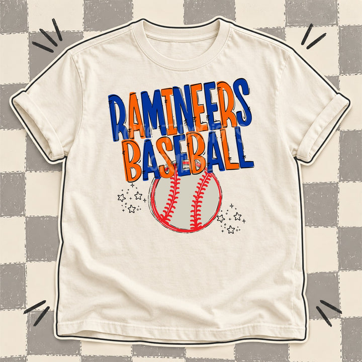 Ramineers Royal Blue Orange Team Go Baseball Mascots DTF transfer mockup