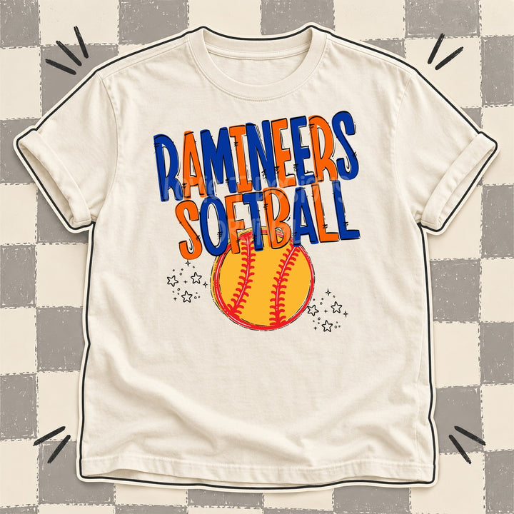 Ramineers Royal Blue Orange Team Go Softball Mascots DTF transfer mockup