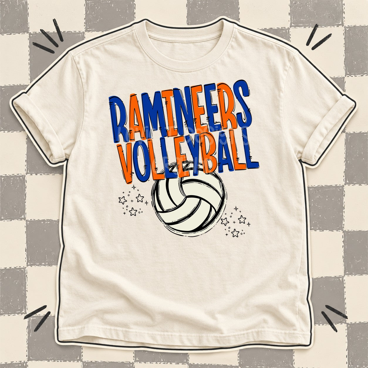 Team Go Volleyball Mascots Ramineers Royal Blue Orange design