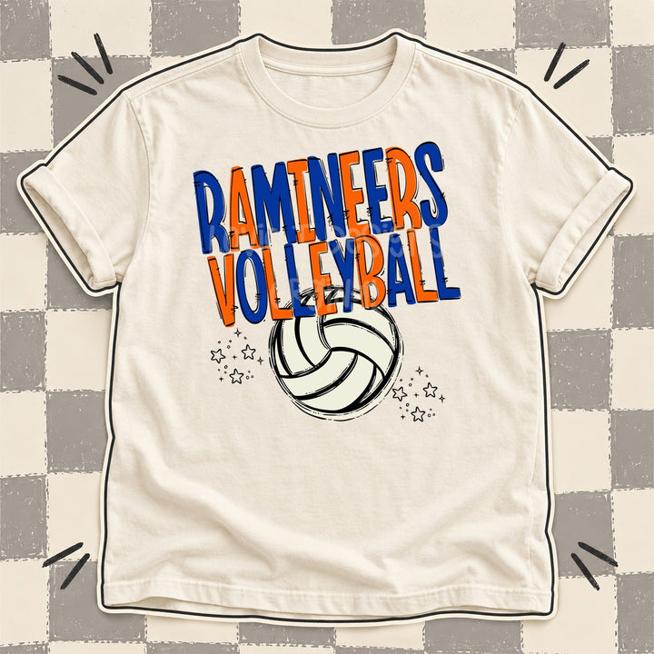 Ramineers Royal Blue Orange Team Go Volleyball Mascots DTF transfer mockup