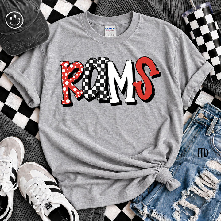 Rams Red Black White Dot Dot Check Mix Mascots DTF transfer mockup