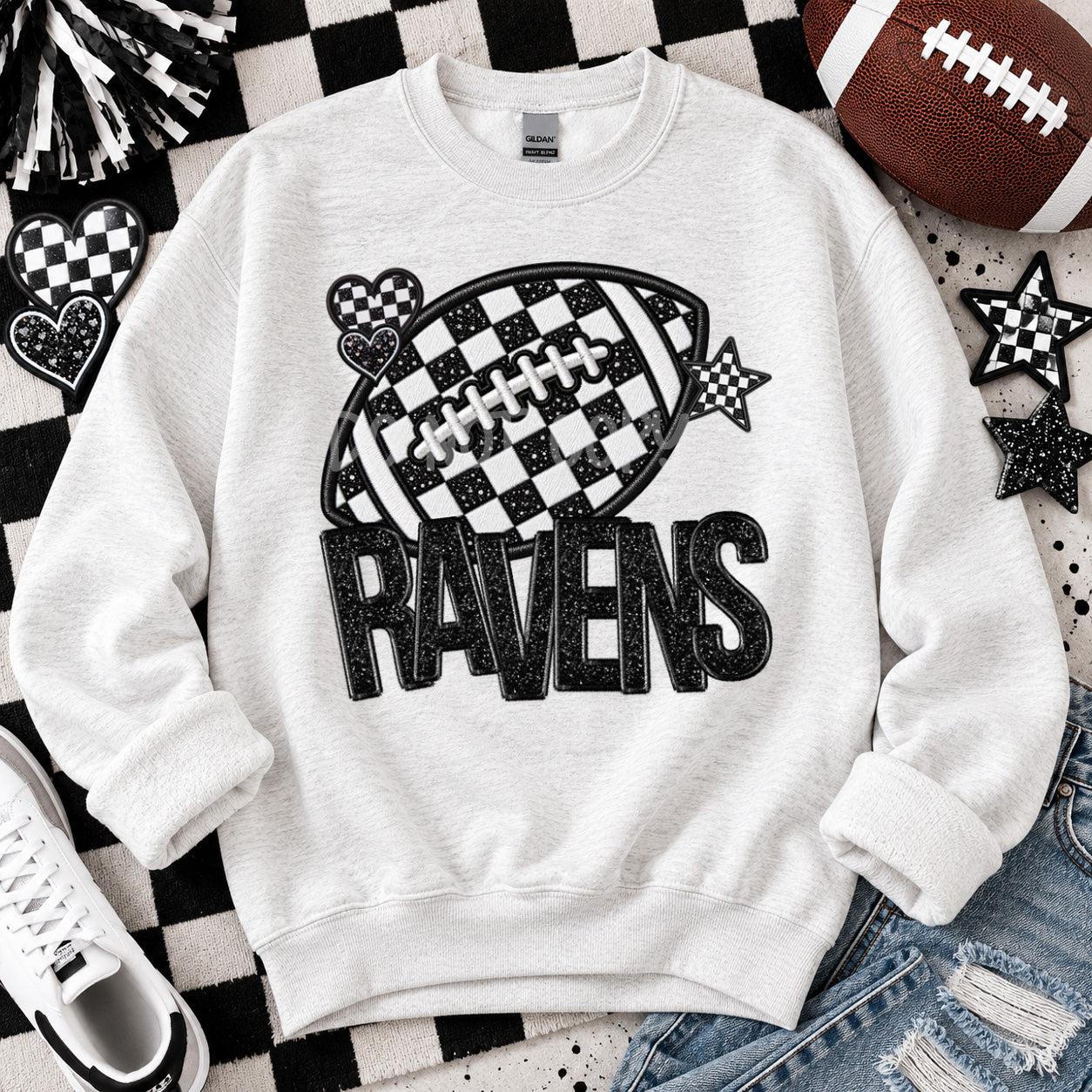 Checkered Football Faux Embroidery Mascots RAVENS design
