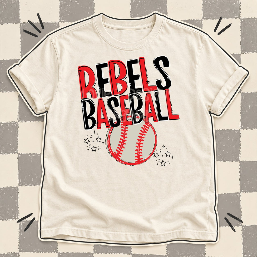 Rebels Red Black Team Go Baseball Mascots DTF transfer mockup