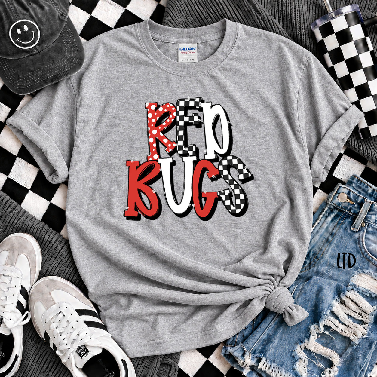 Dot Dot Check Mix Mascots Redbugs Red Black White design