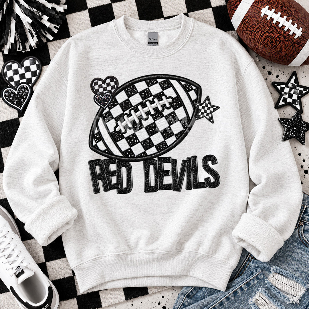 Red Devils Checkered Football Faux Embroidery mascot DTF transfer