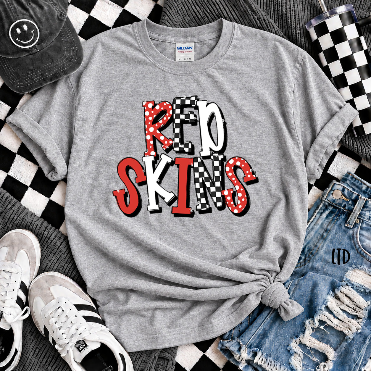 Dot Dot Check Mix Mascots Redskins Black Red design