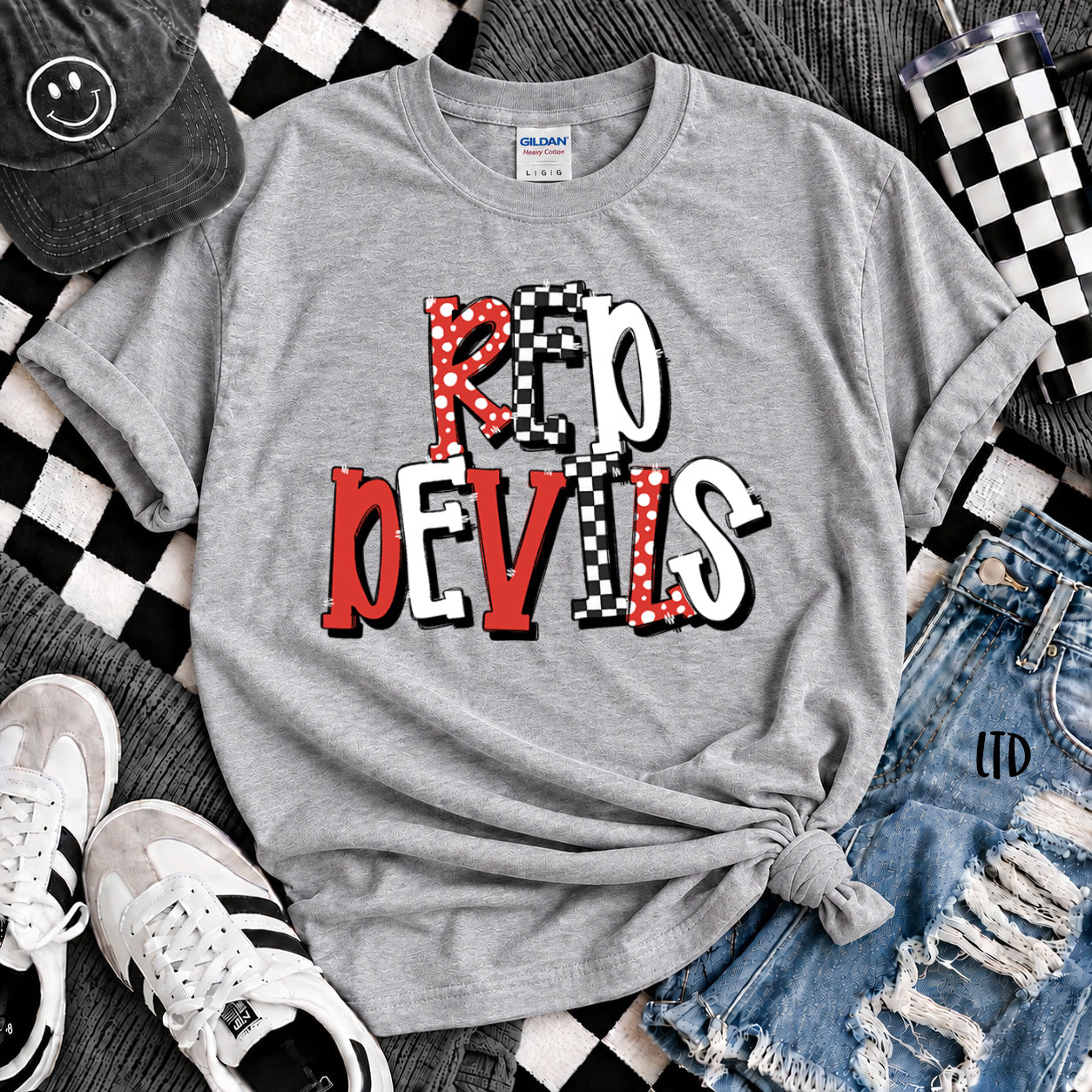 Dot Dot Check Mix Mascots Red Devils Red Black design