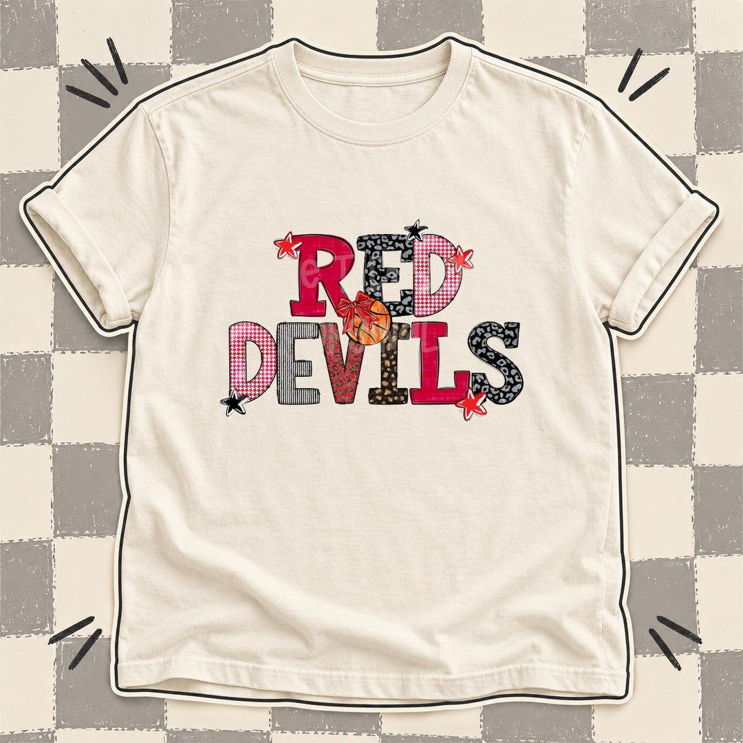 Red Devils Red Black Mixed Doodle Basketball Mascots – Mascot Colors DTF transfer mockup