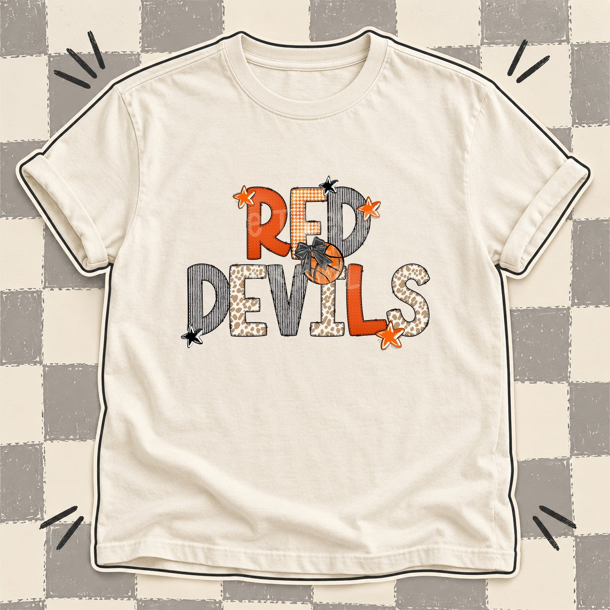 Mixed Doodle Basketball Mascots – Hoops Houndstooth Red Devils design