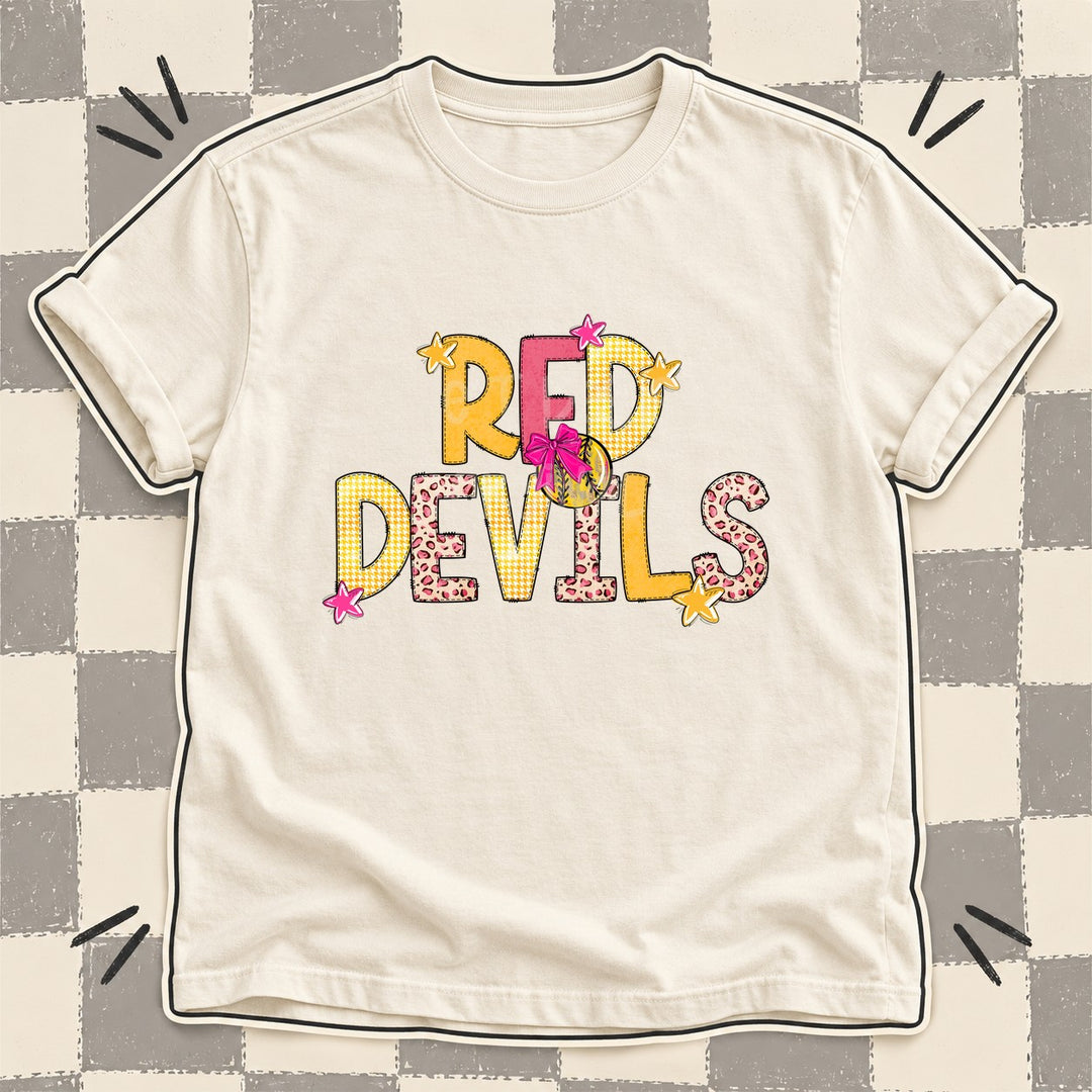 Red Devils Mixed Doodle Softball Mascots – Stitched Softball DTF transfer mockup