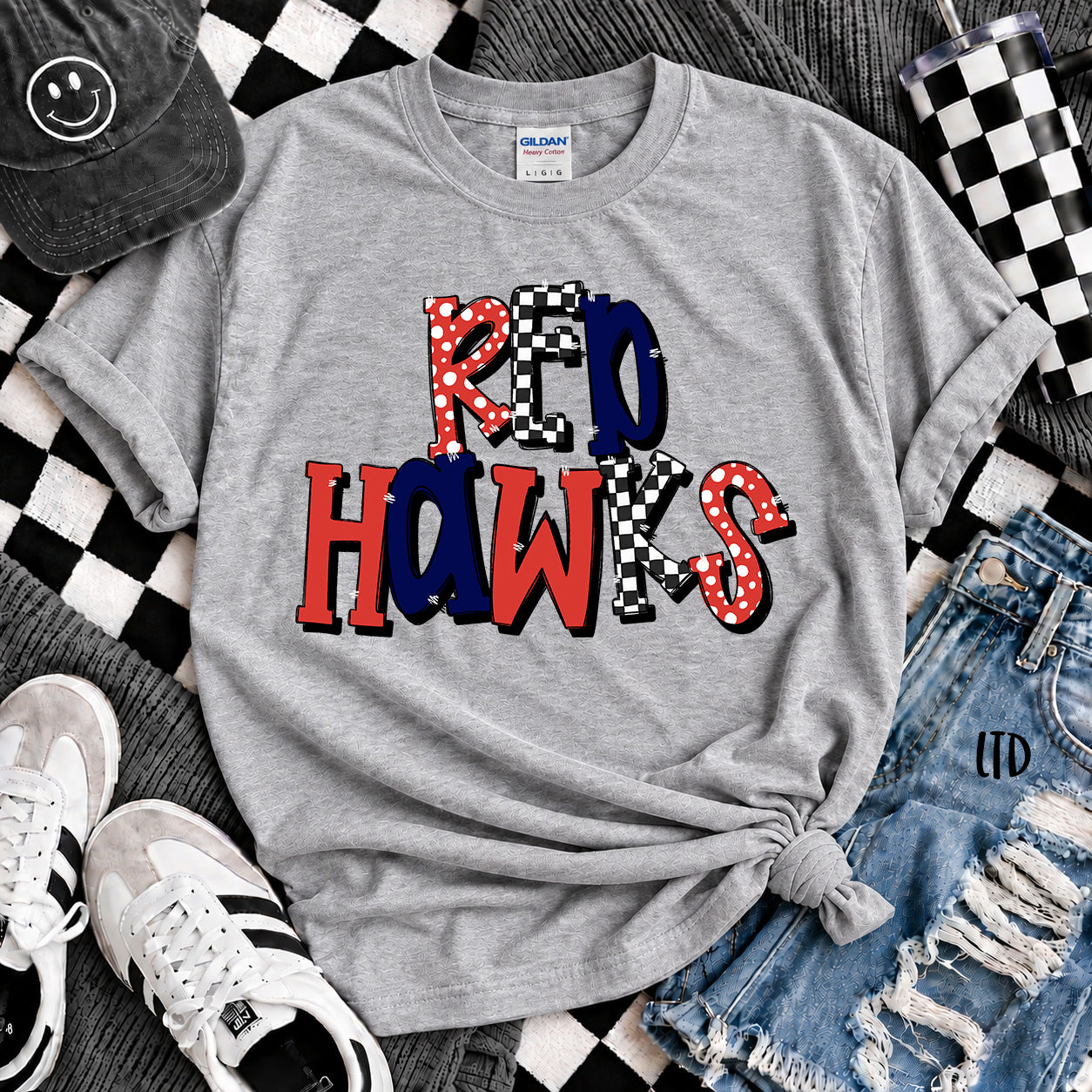 Dot Dot Check Mix Mascots Red Hawks Red Navy design